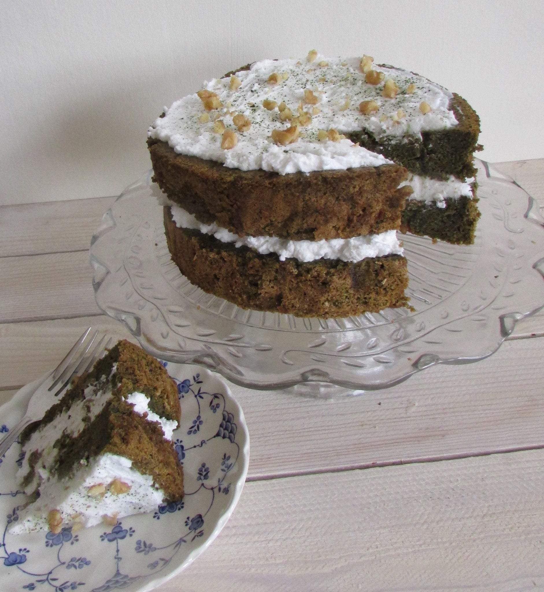 Taiki Tea matcha and walnut cake. Gluten free and dairy free recipe